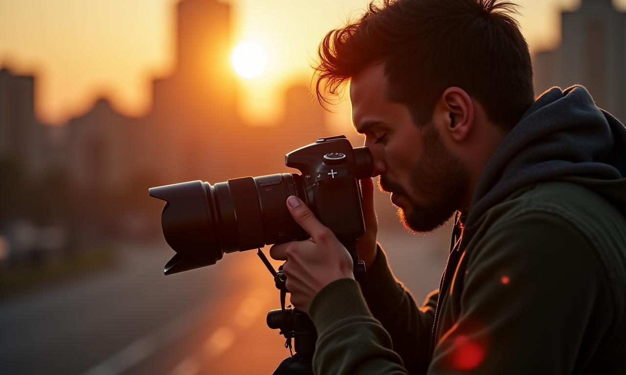 A professional photographer adjusting a camera lens.